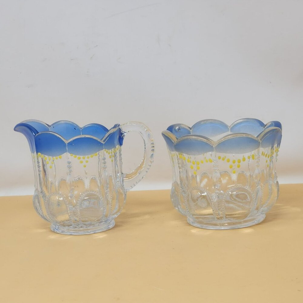 Vintage Glass Sugar Bowl & Creamer Set With Blue Rim & Yellow Dots Cottagecore‎